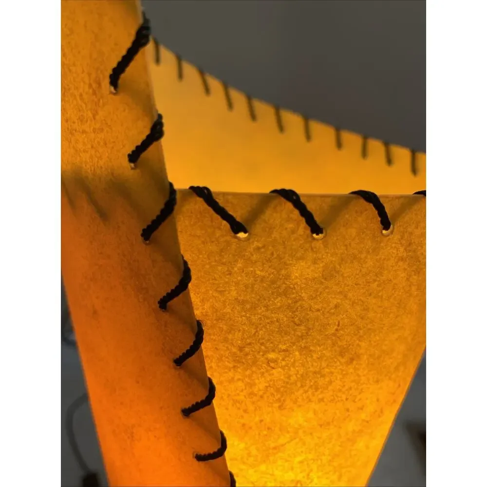 MCM Boho Style Sculptural Wood Abstract Table Lamp Yellow Gold Shade 26” Tall